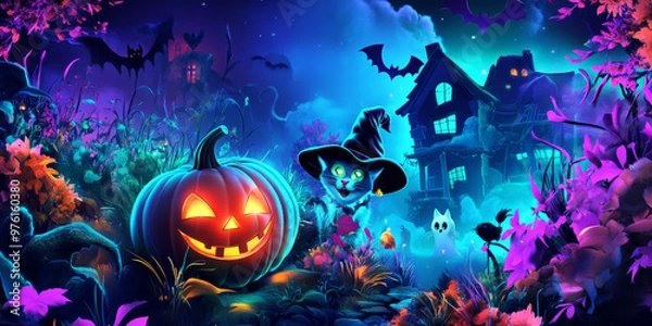 Fototapeta Whimsical Haunted House with Jack-O'-Lantern and Witch Cat