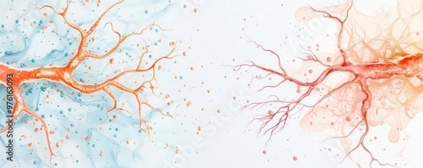 Fototapeta Abstract watercolor painting of a branching pattern in blue and red.