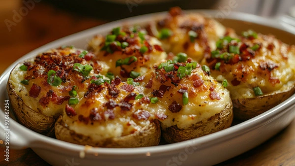 Fototapeta Stuffed potatoes with cheese, bacon, and green onions.