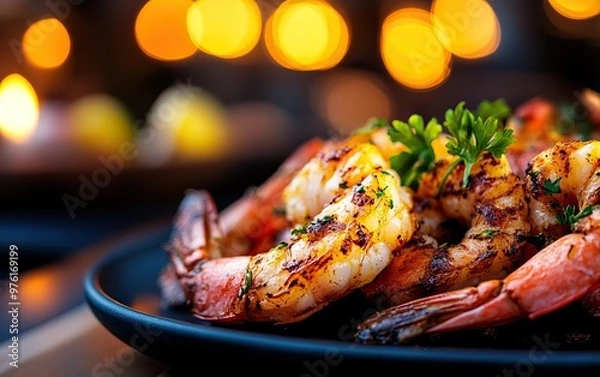 Obraz Succulent grilled shrimp garnished with fresh herbs, perfect for seafood lovers and culinary enthusiasts at any gathering.