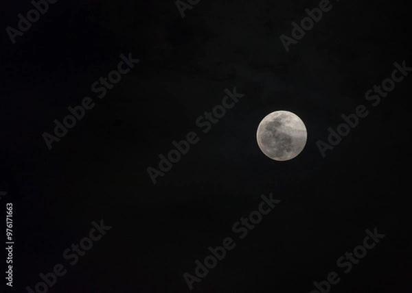 Obraz A captivating image of a full moon set against a pitch-black night sky. The detailed surface of the moon stands out, offer a serene and atmospheric feel, perfect for astronomy and night-themed project