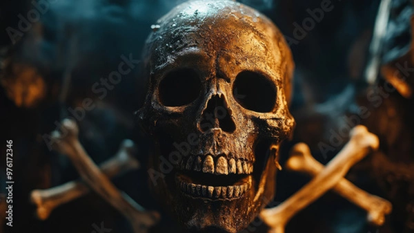 Fototapeta Ancient skull with crossbones in a smoky, dark setting.