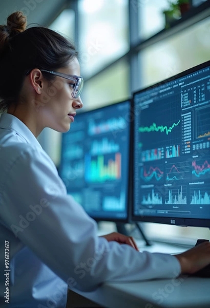 Fototapeta Pharmaceutical Data Analysis: Data Scientist Studying Charts on Computer Monitor