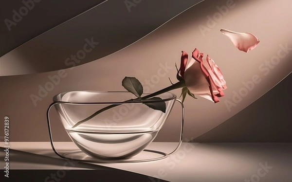 Fototapeta Generative-AI, Artistic Rose Floating in a Minimalist Bowl with a Single Petal Drifting Away