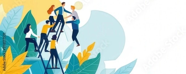 Fototapeta A business team climbing a ladder together to reach a higher platform, symbolizing collective growth and success