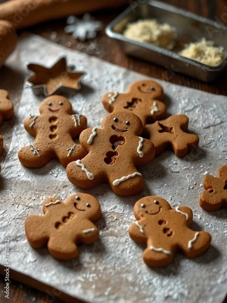 Fototapeta Preparing gingerbread cookies in the shape of gingerbread men, with raw dough and cut-out figures, close-up view of texture and metal pastry cutter.