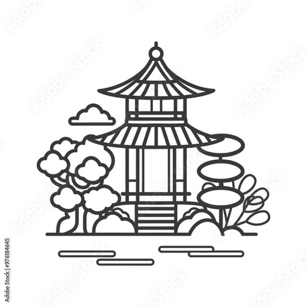 Fototapeta Line Art Illustration of a Traditional Asian Pagoda with Surrounding Trees and a Pond