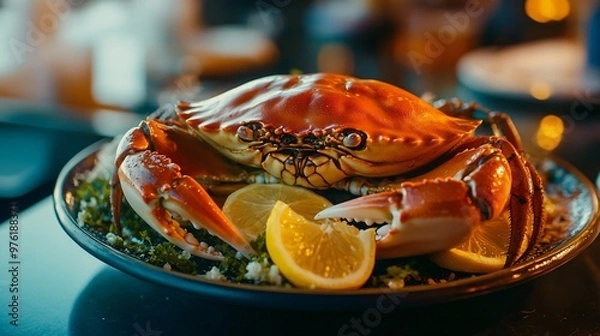 Obraz A whole crab served on a large ceramic platter with lemon slices and garlic butter, set against a dimly lit seafood restaurant backdrop