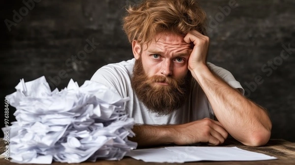 Obraz A man with a beard sits at a desk, looking overwhelmed and frustrated, surrounded by a pile of crumpled papers, indicating a long work session