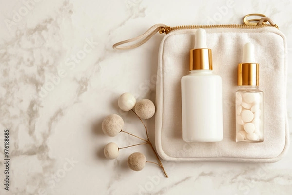 Fototapeta Skincare products neatly arranged on a marble background, showcasing a white bottle and a glass container, accompanied by a botanical accent, ideal for beauty enthusiasts
