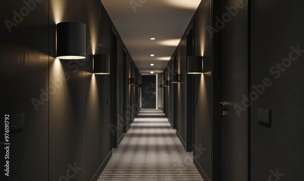 Fototapeta A serene hotel corridor featuring elegant, modern wall lights casting soft illumination on dark walls and carpeted floor, creating a calm, luxurious atmosphere suitable for relaxation