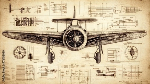 Obraz Schematic design of a Spitfire fighter aircraft with detailed technical drawings