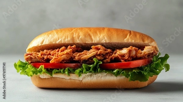 Fototapeta A soft-shell crab sandwich with lettuce and tomato, isolated on a clean grey background with subtle shadows