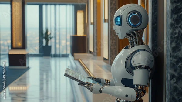 Fototapeta Humanoid robot in a modern lobby, using a digital tablet, stands out in white