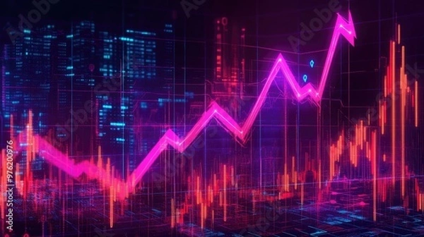 Fototapeta An abstract representation of a rising stock market graph in neon pink and blue, highlighting the concept of growth and financial success.