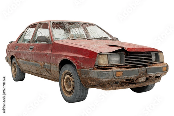 Fototapeta Wrecked car with damaged front end isolated on a white background.  PNG transparent.