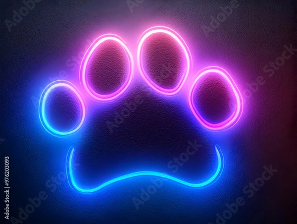 Fototapeta A vibrant neon paw print glowing in blue and pink lights, perfect for animal lovers and creative designs.