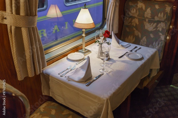 Obraz Dining table in first class train car, Machu Picchu, Cusco Region, Urubamba Province, Machupicchu District, Peru