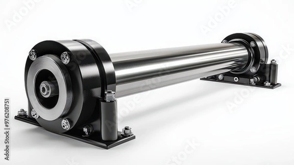 Fototapeta  Single stainless steel industrial cylinder on white surface, showcasing precision engineering for heavy-duty industrial applications.