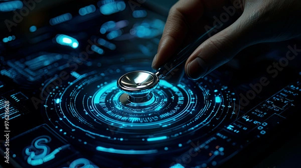 Fototapeta Macro shot of a doctor’s hand holding a stethoscope near a glowing virtual interface, displaying robotic surgery precision, advanced medical technology, sharp details, hyper-realistic