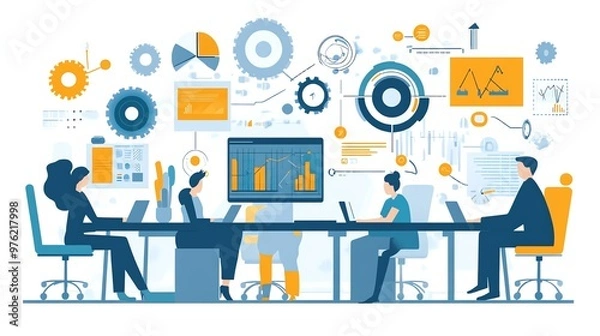 Obraz Businesspeople working in an office with data visualizations on the walls.