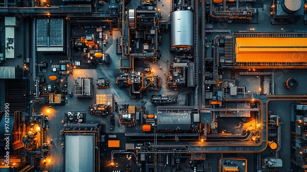 Fototapeta Overhead shot of an intelligent factory featuring smart robots and robotic vision sensors, illustrating the seamless integration of Industry 4.0 technology in the manufacturing process