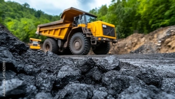 Obraz Mining Site with Trucks and Machinery