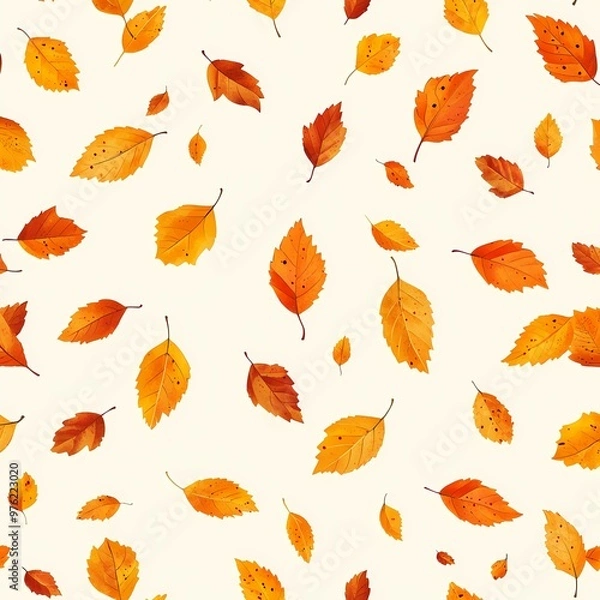 Fototapeta Falling autumn leaves in vibrant orange hues on a light background.