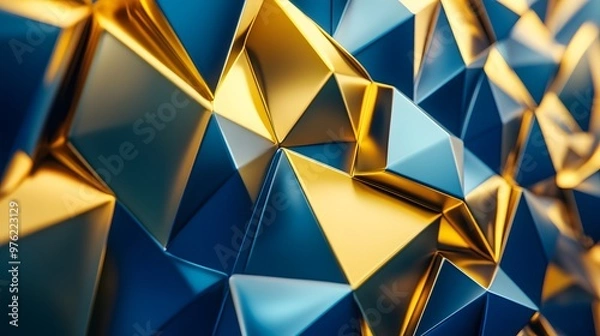 Fototapeta 3d rendering of golden and blue abstract geometric background. Scene for advertising, technology, showcase, banner, game, sport, cosmetic, business, metaverse. Sci-Fi Illustration. Product display