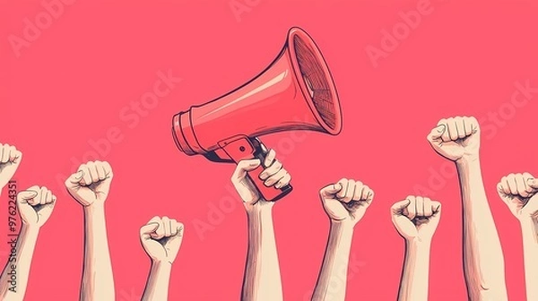 Fototapeta A hand holding a megaphone amidst raised fists symbolizing protest and activism.