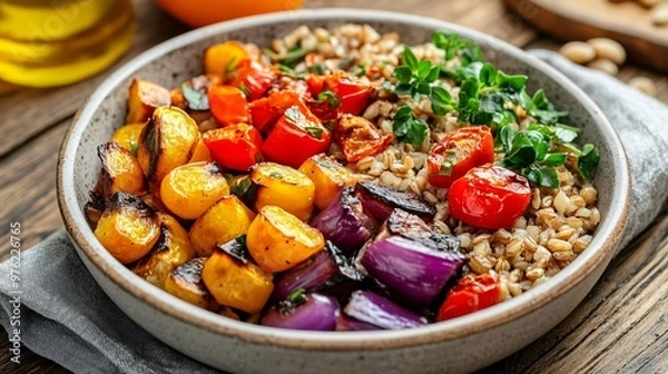 Fototapeta Closeup of a bowl of roasted vegetables and grains.