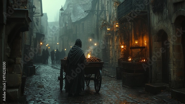 Fototapeta A chestnut vendor wrapped in a thick scarf stokes the fire under his cart casting a warm light on the cobblestones of a foggy European alleyway