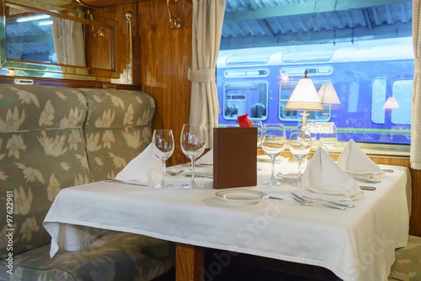 Fototapeta Dining table in first class train car, Machu Picchu, Cusco Region, Urubamba Province, Machupicchu District, Peru