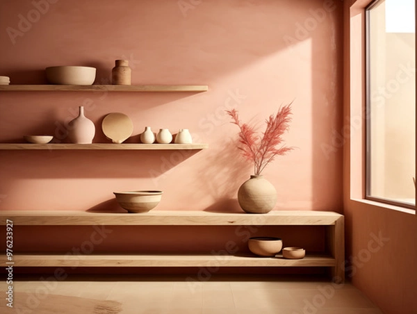 Fototapeta Japandi and wabi sabi inspired living room interior with wood, pottery and texture elements in neutral with autumn palette colors accent