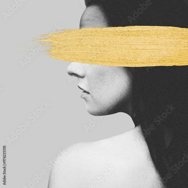 Obraz Profile of a woman with a bold gold brush stroke across the eyes. Black and white model portrait. Grunge, noise and motion blur retro vintage effect applied