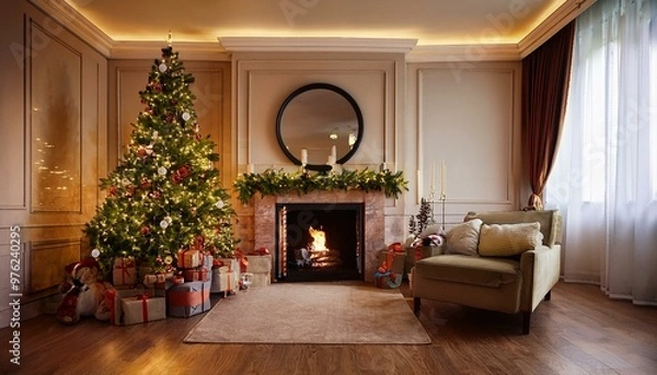 Fototapeta christmas room and fireplace