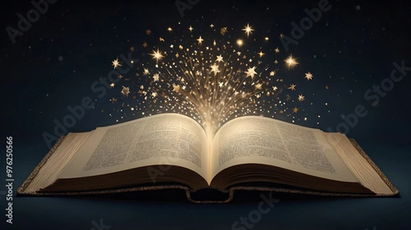 Fototapeta An open book with shining stars and soft rays of light all around