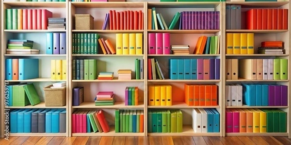 Obraz Colorful Books and Folders on Bookshelf, book, folder, organization