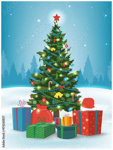 Fototapeta Christmas tree with decorations and gift boxes. Holiday background. Merry Christmas and Happy New Year. Vector illustration