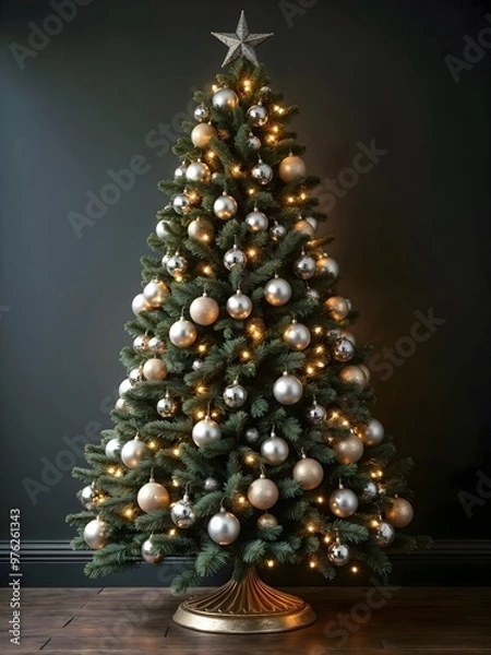 Obraz An elegant Christmas tree adorned with silver and gold ornaments, twinkling lights in a festive interior setting.