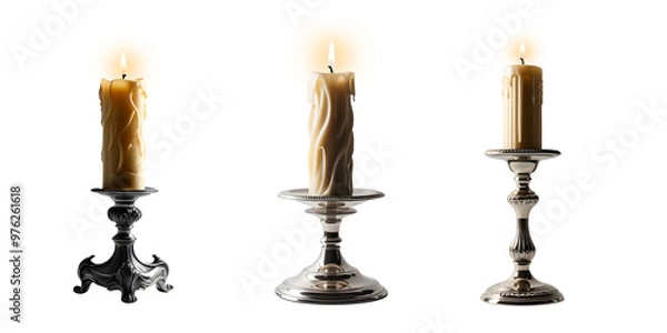 Obraz Candle with antique candle stand set with fire isolated on white and transparent background