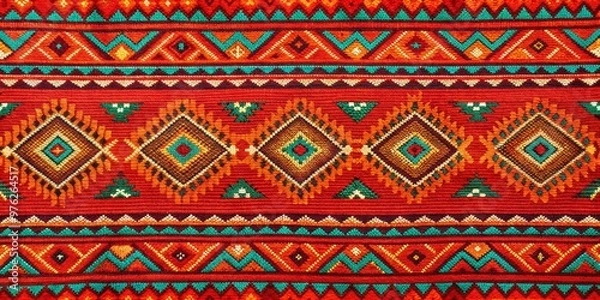 Fototapeta Vibrant Red and Green Geometric Textile Pattern with Diamond Shapes, textile, design, pattern