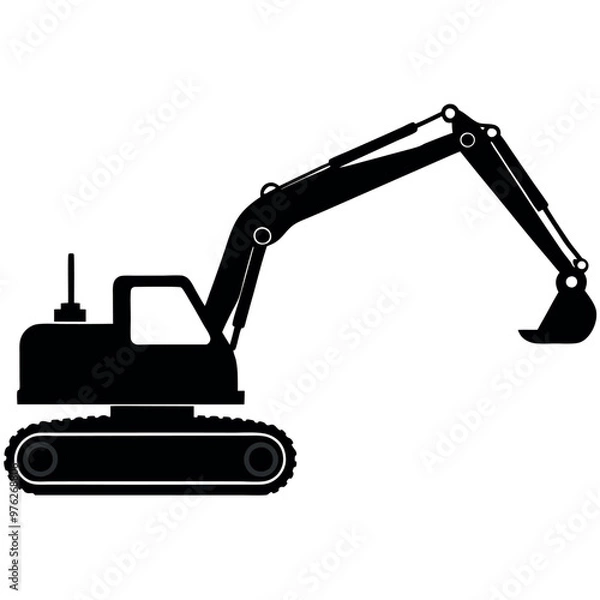 Fototapeta a black and white silhouette of an excavator. The excavator is shown in a side view, with the arm extended upwards and the bucket at the end of the arm