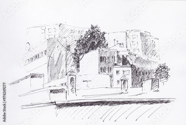 Fototapeta Pen-drawn sketch of a residential area of typical northern Poland urban scenery during the Soviet era. Several multi storey houses connected to each other by different angles. Pen strokes  and lines