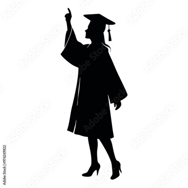 Fototapeta a black silhouette of a person wearing a graduation cap and gown. The person is standing with their left arm raised in the air, as if they are waving or celebrating