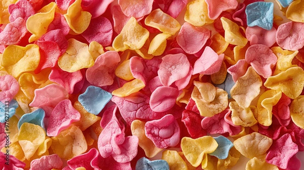 Fototapeta Colorful assortment of airy, petal-shaped crisps in pink, yellow, and blue hues, creating a playful and vibrant texture, resembling a whimsical snack mix.