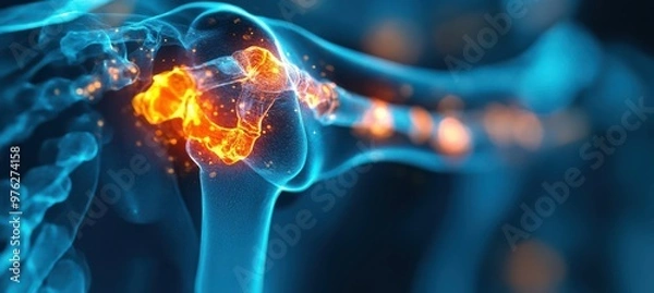 Fototapeta Detailed illustration of an X-ray showcasing inflammation in the left shoulder joint with highlighted areas in vibrant orange and blue tones