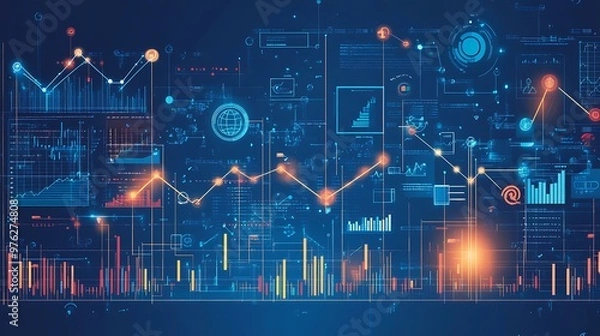 Obraz A blueprint illustration combining business growth charts with technology symbols, showing upward movement and expansion