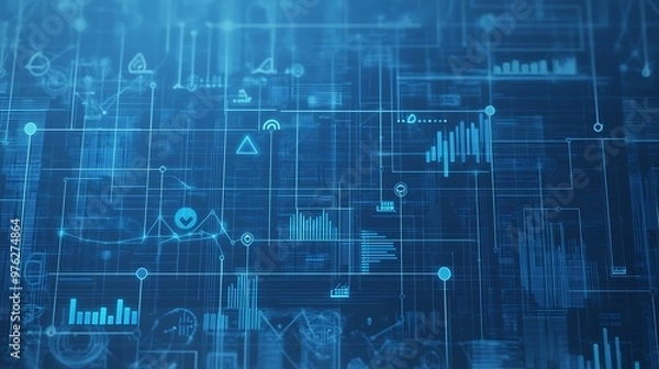Obraz A blueprint illustration featuring upward arrows, tech icons, and a grid layout, representing business development in the tech industry