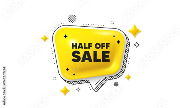 Obraz Half off sale. Chat speech bubble 3d icon. Special offer price sign. Advertising discounts symbol. Half off sale chat message. Speech bubble banner with stripes. Yellow text balloon. Vector